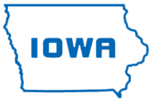 Shape of the state of Iowa with the word Iowa in the middle.