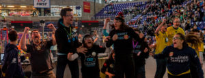 Alliance members celebrating, cheering on each other after a match. 2018 Iowa Regional.