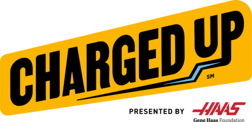 Horizontal 2023 FIRST Robotics Competition Lock-up/Game Logo: CHARGED UP Presented by HAAS.