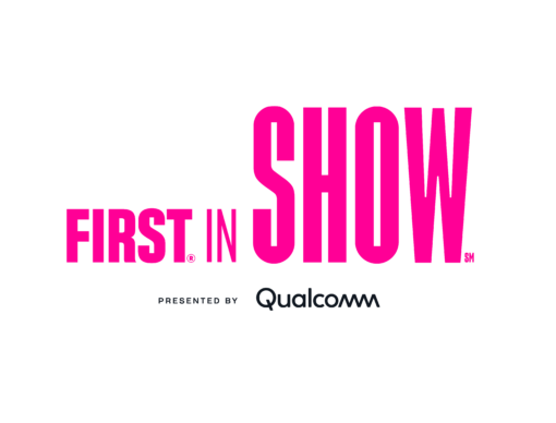 FIRST IN SHOW the 2023-24 FIRST Season theme, text in hot pink. Presented by Qualcomm.
