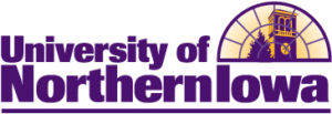 University of Northern Iowa Logo, Purple and Gold with Campanile in a crescent window pane.