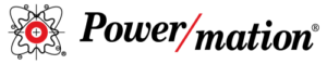 Power/mation logo - beautiful symmetric red, black and white image combining atom, gear, and geometric shapes.