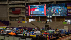 Photo of the pit area and the video score board in the UNI Dome, 2018.