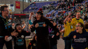 Alliance members celebrating, cheering on each other after a match. 2018 Iowa Regional.