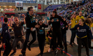 Alliance members celebrating, cheering on each other after a match. 2018 Iowa Regional.