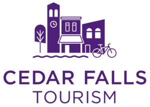 Cedar Falls Tourism Logo, a drawing of some iconic buildings and a bike, near water.