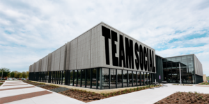 Applied Engineering Building with the words "Team Social" displayed over the front wall.