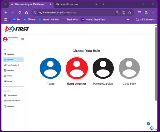 Screenshot of the FIRST Volunteer Dashboard Roles Screen. Team Volunteers, Event Volunteers, Parent/Guardian, and Class Pack are 4 different roles in the dashboard.