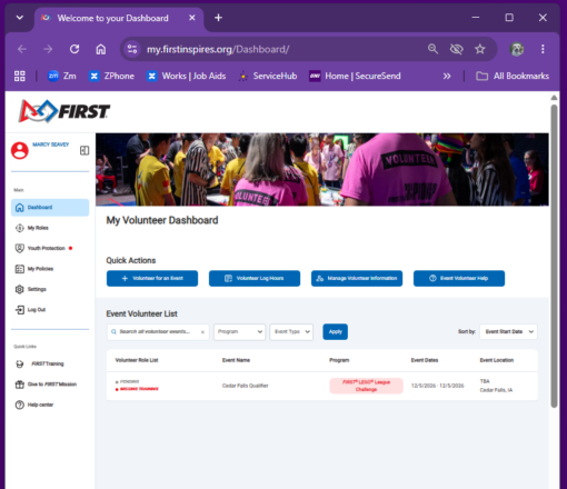 Screenshot of FIRST Volunteer Dashboard.