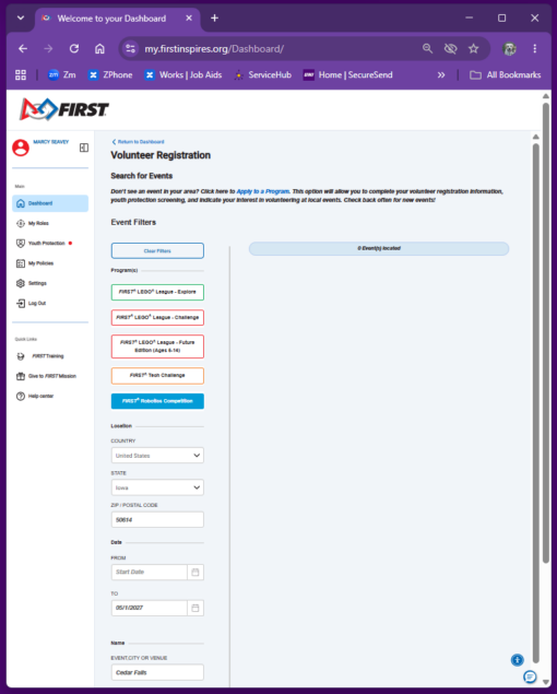 Screenshot of the Event finder page in the dashboard. Search by program, location, or date.