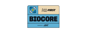 FIRST Robotics Competition 2026-27 Season Logo is a drawing of a cream colored gem set inside four blue corner shapes that form a box. The FIRST logo and season wordmark, Biocore, are integrated into the image.