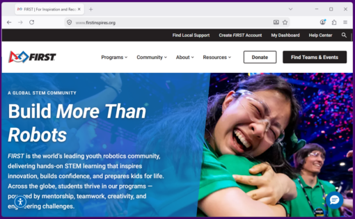 Screenshot of FIRSTinspires.org webpage. Click on My Dashboard to register or login.